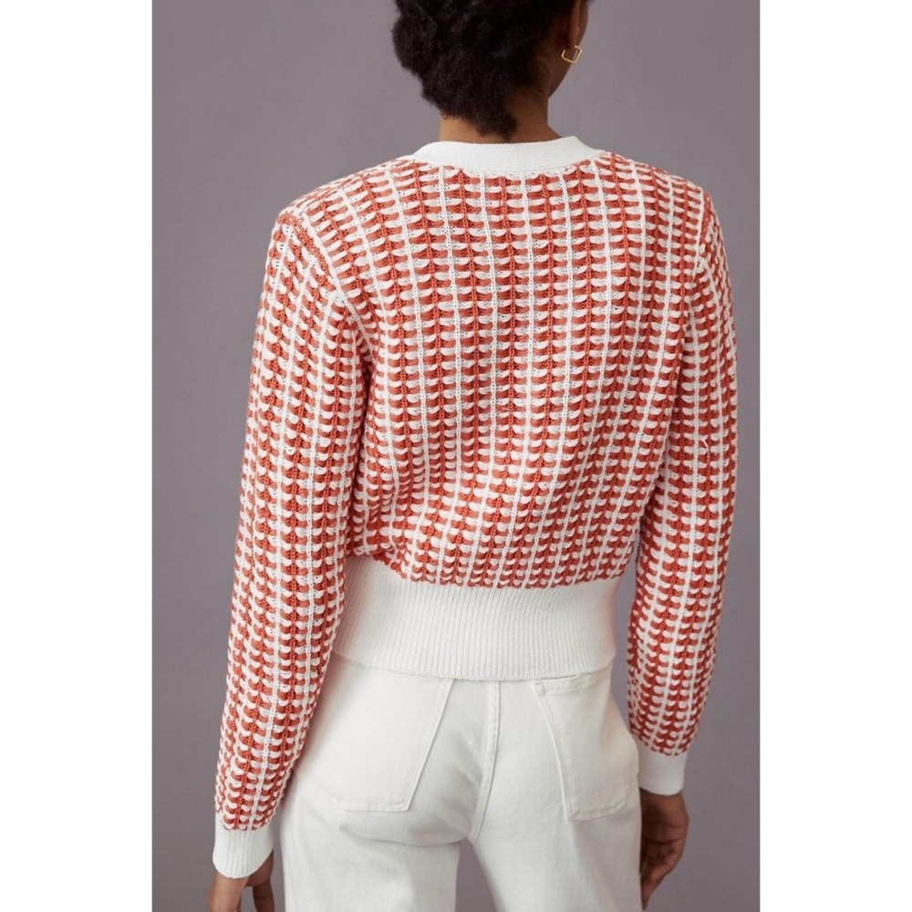 Maeve Anthropologie Preston Orange White Textured Cropped Cardigan Sweater M - Picture 2 of 7